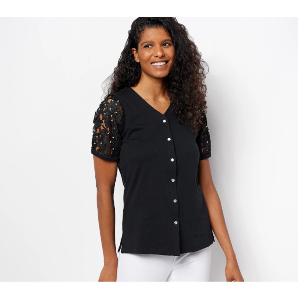 QUACKER FACTORY Floral Pearl & Lace Snap Front Elbow Sleeve Cardigan Black S